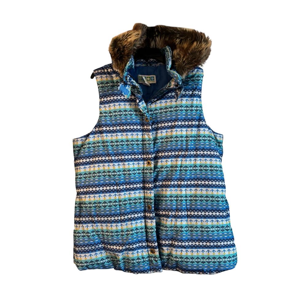 Weather Solutions Zip/Snap Blue Print Sleeveless Down Vest Faux Fur Hood Large